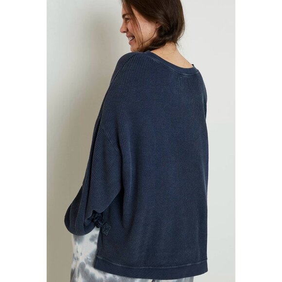 ANTHROPOLOGIE SATURDAY SUNDAY Indigo Blue Aliana Waffle Knit Pullover Size XS - Picture 3 of 10
